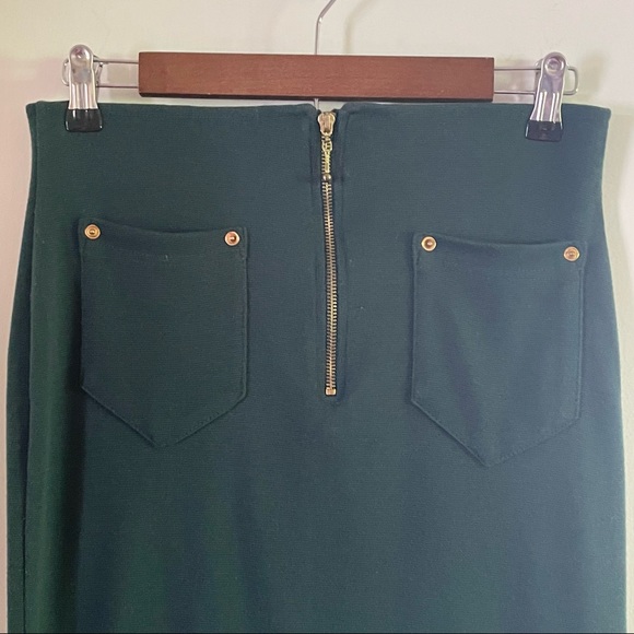 VINTAGE Dark Green Front Zipper Gold Accents MIDI Straight Pencil Skirt Size L - Picture 3 of 7